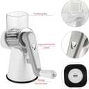 Cambom Rotary Cheese Grater Hand Crank Cheese Shredder for Fresh Cheese, Vegetable, Nuts,Non-slip Suction Base, Free Cleaning Brush Three Blades, White