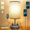 Table Lamp - Bedside Lamp with USB Ports and Outlets, Bedroom Lamp with Alarm Clock Base, 3-Way Dimmable Modern Nightstand Lamps with Round Fabric Lampshade,Touch Lamp for Bedroom Living Room Home