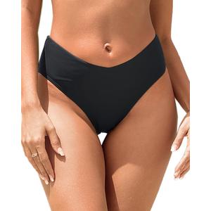 Zmart Women V Cut Cheeky Bikini Bottoms - Mid Waist High Cut Swim Bathing Suit Bottoms V Front Swimsuit (Medium, Black)