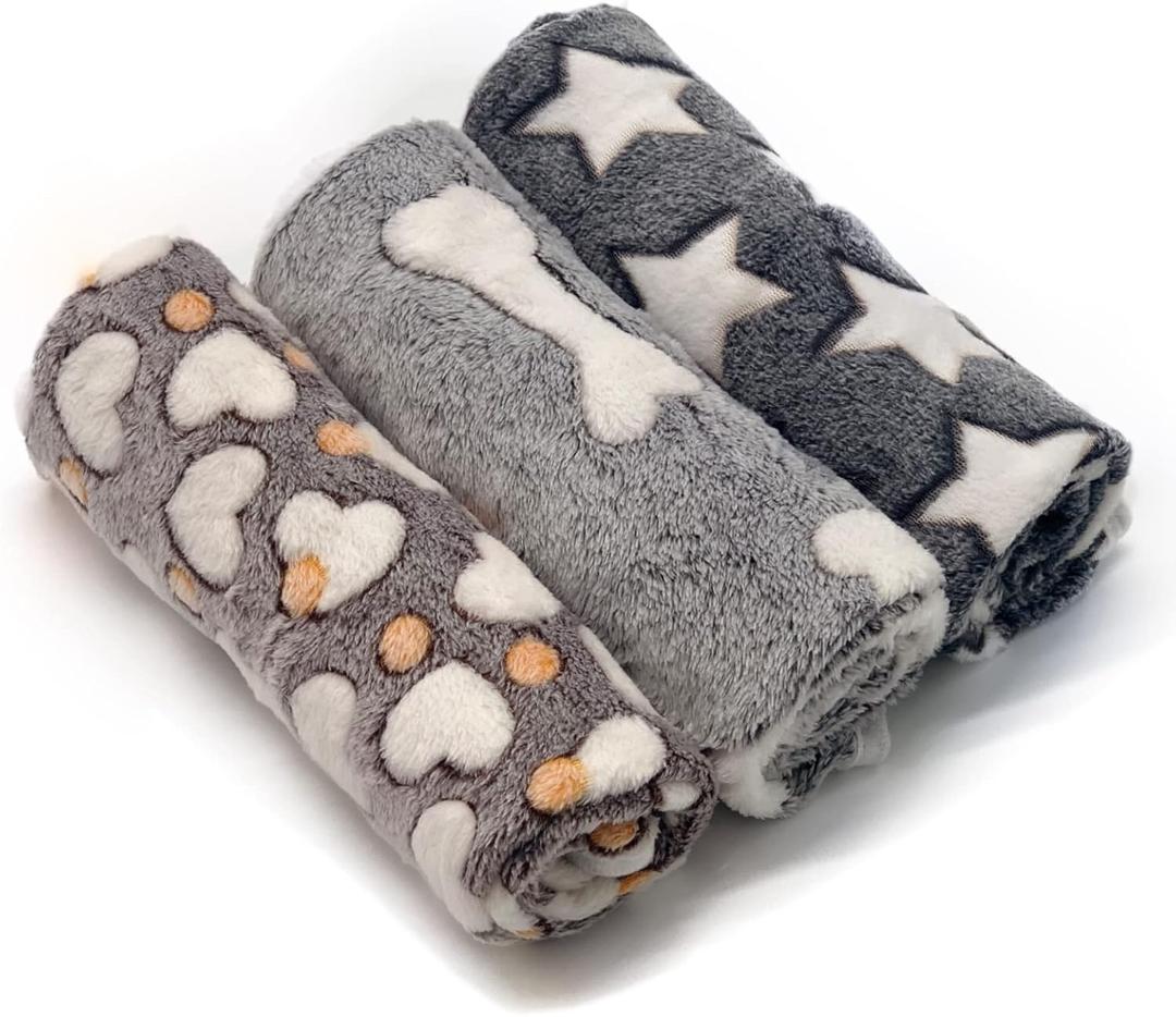 1 Pack 3 Puppy Blankets Super Soft Warm Sleep Mat Grey Cute Print Fluffy Fleece Pet Flannel Throw Dog Blankets for Small Dogs Cats, Star & Bone & Love, 22x13 inch