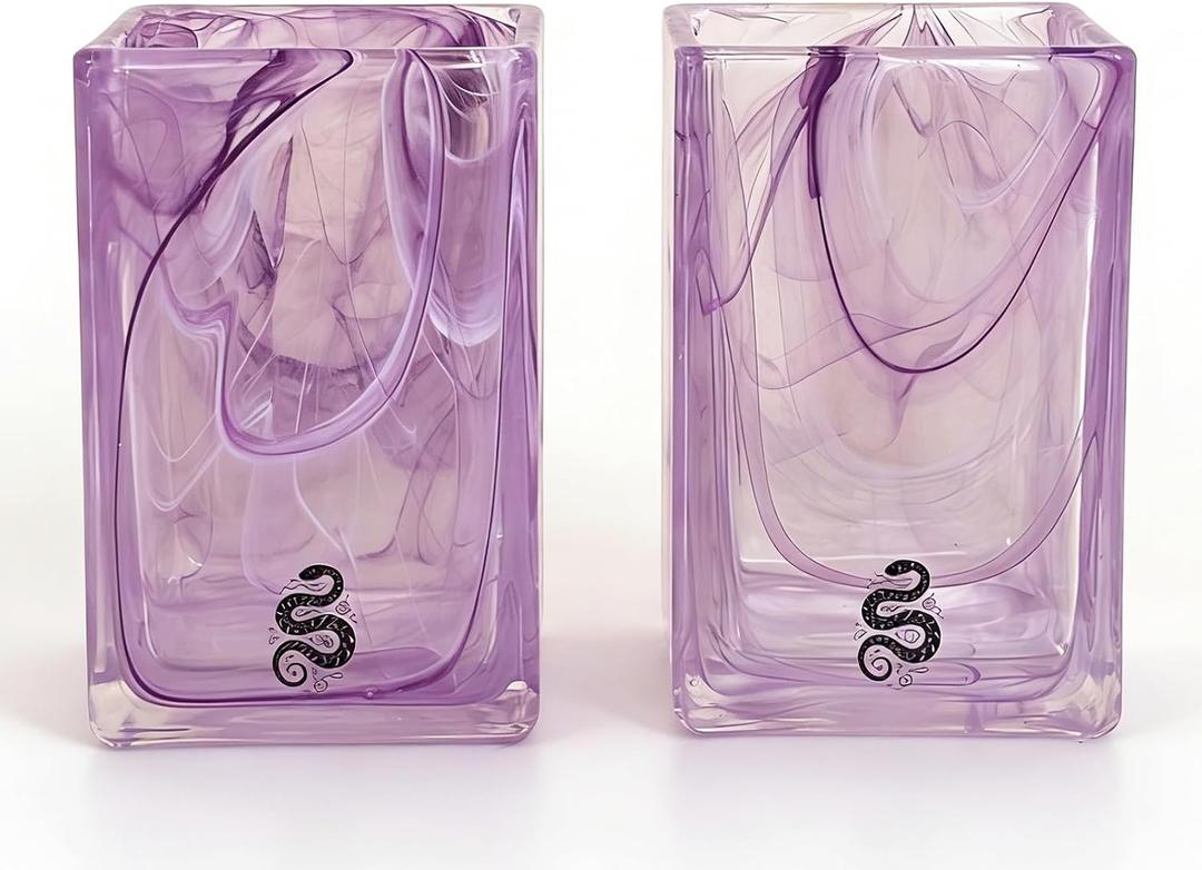 2 Piece Rectangular Glass Toothbrush Holder and Cup Set | Made of glass with heavy base, purple inlay inside the glass,Can be used as toothbrush holder or pen holder.