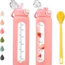 32 oz Glass Water Bottles with 2 Lids-Handle Spout Lid & Straw Lid, 1 Liter Motivational Borosilicate Water Bottle with Time Marker and Silicone Sleeve,Leakproof-Pink-1 Pack