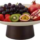 Modern Ceramic Pedestal Fruit Bowl, High-Fired Stoneware Shallow Serving Bowl with Wooden Base, Elevated Decorative Fruit Tray for Kitchen Counter Entryway Table Dining Centerpiece