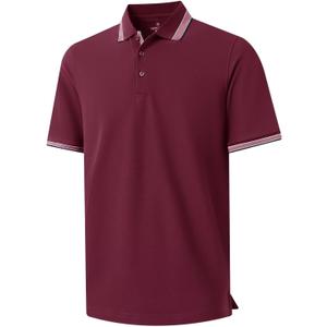 Men's Pique Polo Shirts Long Sleeve Cotton Blend Tipped Casual Collared Polo Shirts Business Classic Fit (XXL, Burgundy )