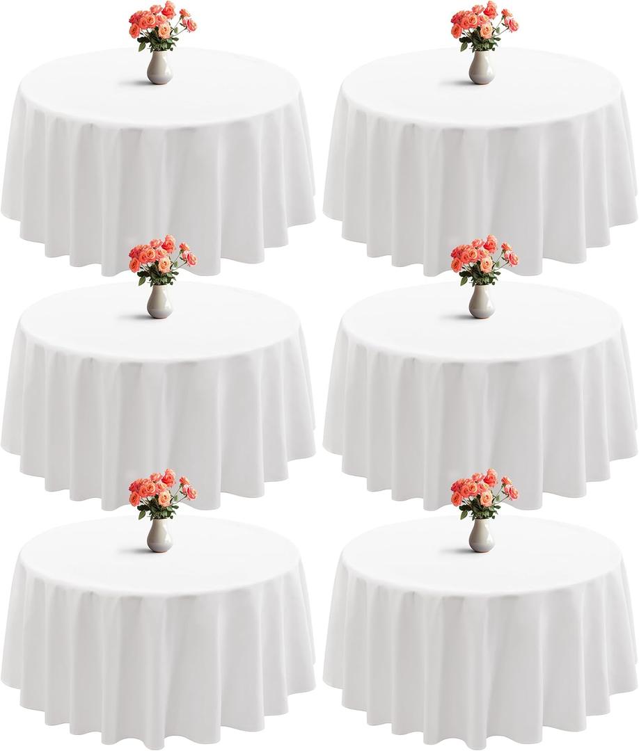 joybest 6 Pack Round Tablecloths 120 Inch White Polyester Table Cloth, Stain and Wrinkle Resistant Washable Fabric Table Cover for Wedding, Party, Reception, Banquet, Dining