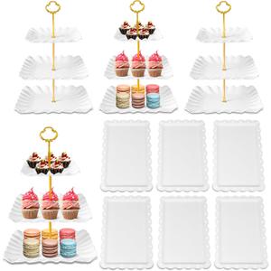 10 Pack Dessert Table Display Set - 4 x Three-Tier Square Cupcake Stands and 6 x Serving Trays, Elegant Tableware for Cakes, Cupcakes, Pastries, and Snacks, Perfect for Parties (White)