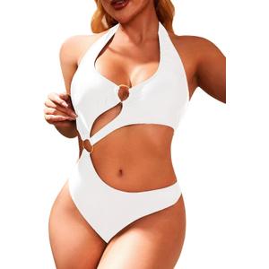 Women One Piece Swimsuit Slimming Cutout Fashoin Swimwear Metal Ring Bathing Suit Female Beachwear (Medium, White)