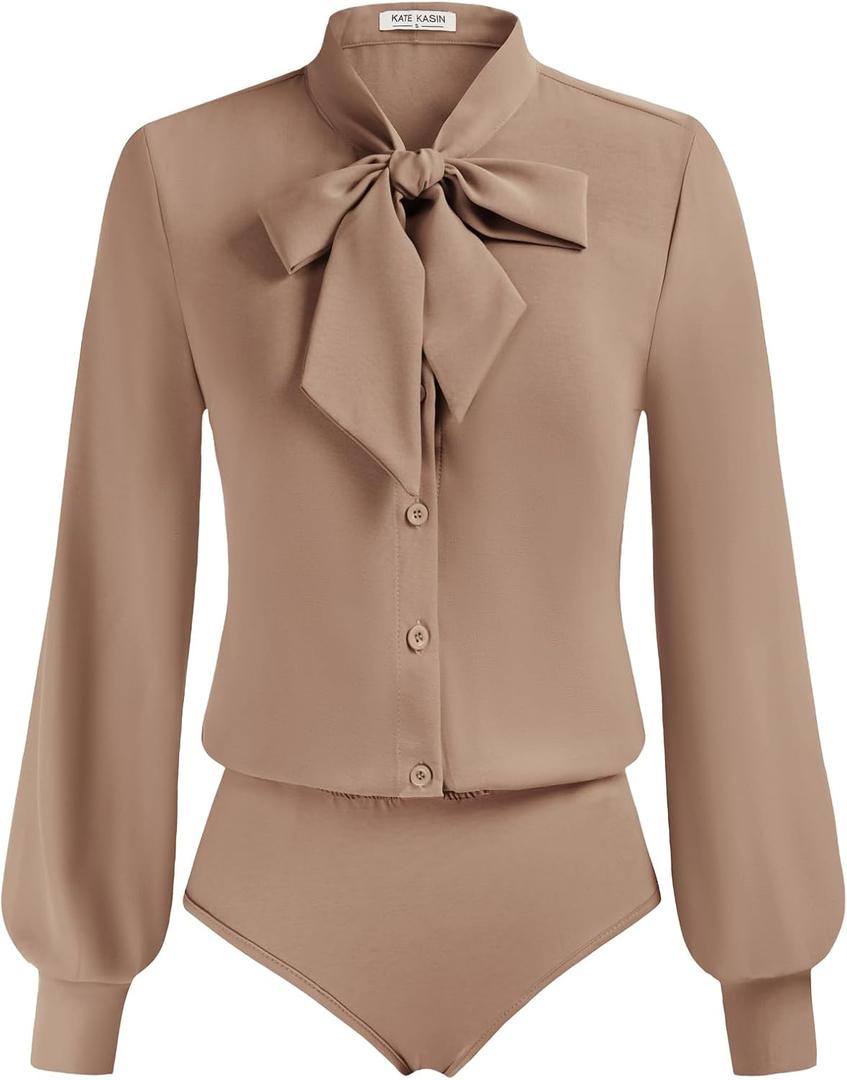 Kate Kasin Women Bow Tie Neck Office Blouse Button Down Long Sleeve Bodysuits Blouse Top (Small, Camel)