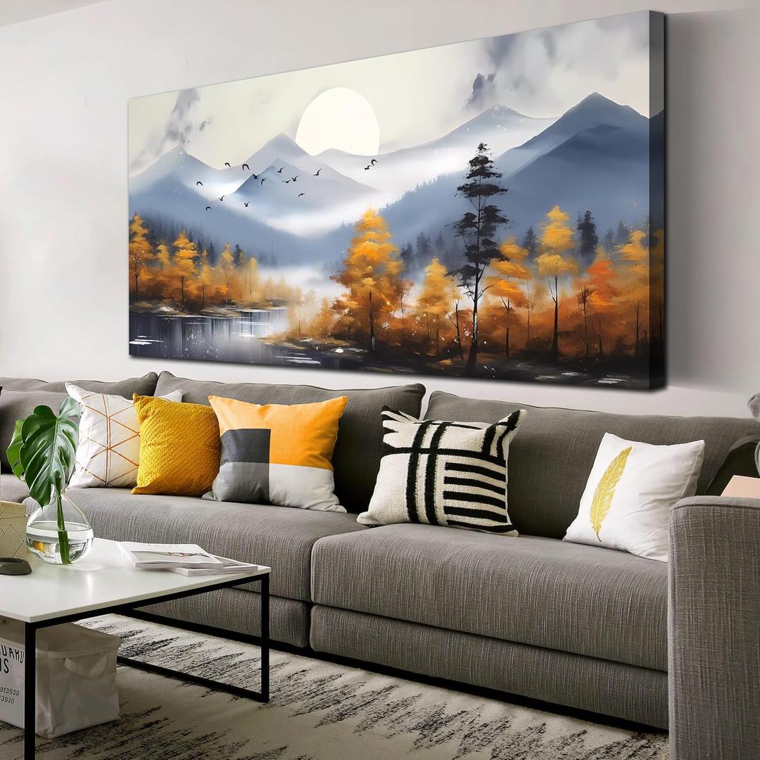 Landscape Wall Art for Living Room, Sunrise Mountain Tree Canvas Print Painting for Bedroom, Gold and Blue Picture Artwork Decor, Large Size 60x30 Inc