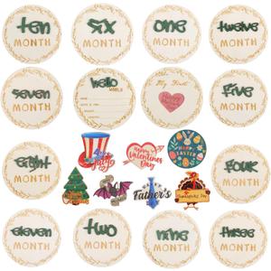 2 x 3D Baby Monthly Milestone Wooden Discs Set  15 Pcs Baby Month Markers for Photos, Hello World Newborn Announcement Sign, My First Holiday Milestones Props Keepsakes