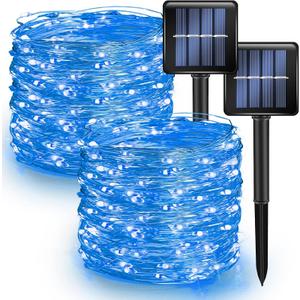 Dazzle Bright 2 Pack Solar String Lights Outdoor, Total 80FT 240LED Solar Powered Waterproof Fairy Lights 8 Modes, Copper Wire Lights for Christmas Patio Party Tree Yard Decoration (Blue)