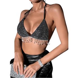 SHENHE Women's Sexy Sequin Halter Backless Rhinestone Fringe Glitter Party Club Crop Top Black Small