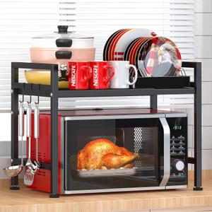 PUSDON Extendable Microwave Oven Rack, Adjustable Microwave/Toaster Shelf Heavy Duty Stand Kitchen Counter Top Organizer, 2 Tier with 3 Hooks, 160lbs Weight Capacity, Black