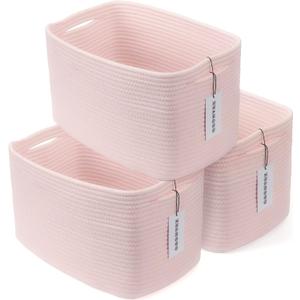 Cotton Rope storage Basket Bins Woven Basket for Organizing Shelves Rectangle Decorative Baskets For Storage Clothes Toys Books Towels Square Wicker Nursery Basket Organizer 3 pack Light Pink