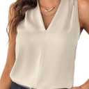 EVALESS Women's Pleated V Neck Sleeveless Tank Top (Medium, Beige)