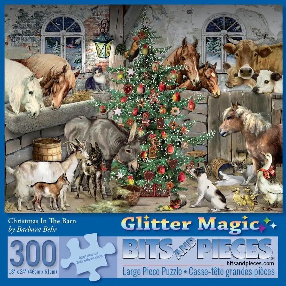 Bits and Pieces  300 Piece Jigsaw Puzzle for Adults  Christmas in The Barn - Glitter Glitter Animal Holiday Winter Tree Horse Cow Jigsaw Puzzle by Artist Barbara Behr
