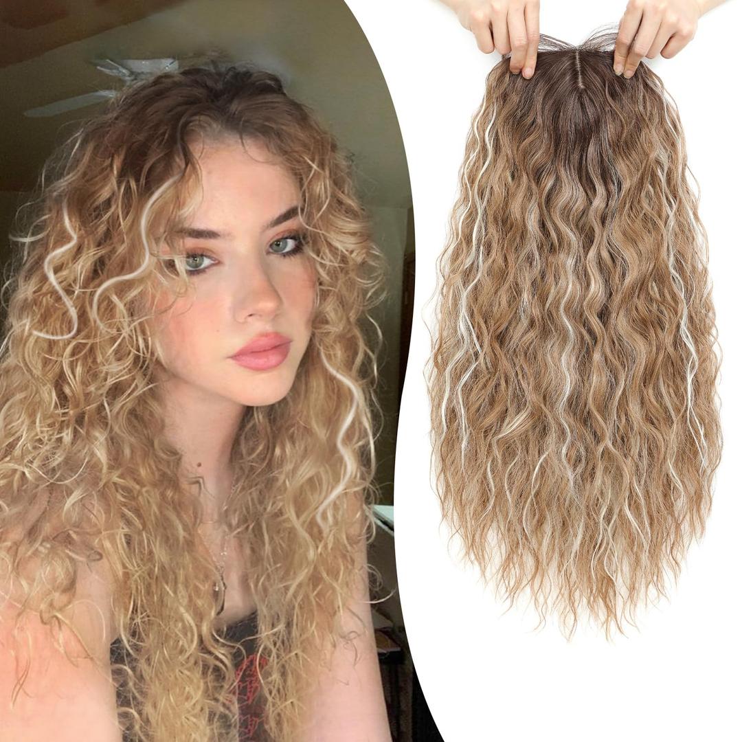 UDU Hair Topper, Ombre 20inch Curly Synthetic Wiglet for Thinning Hair, Changing Hairstyle, Boosting Confidence (Light Brown with Highlights)