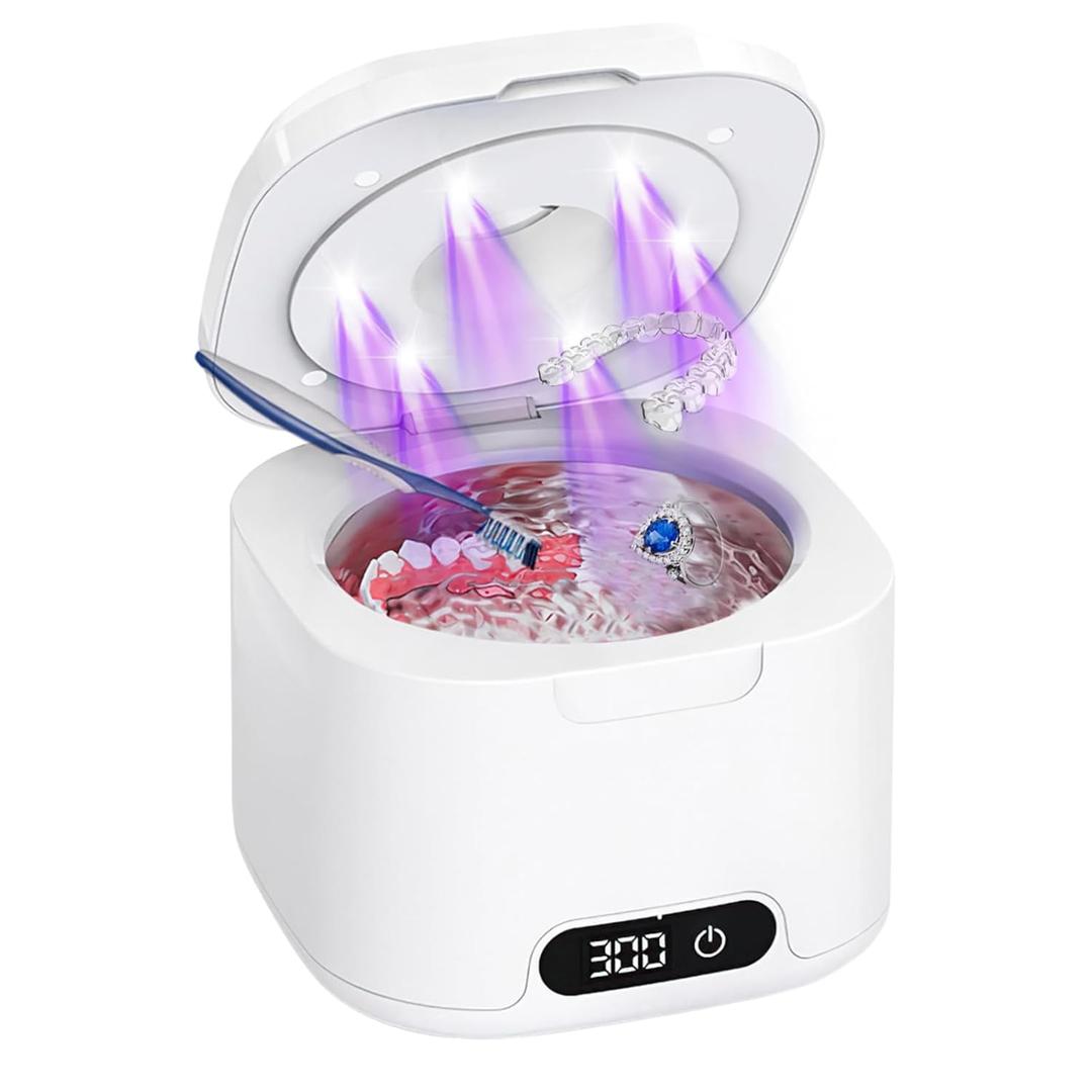 HomeBeyond Dental Ultrasonic Retainer Cleaner Machine, 4 Modes with Digital Timer & 340ML, Cleaning Pod for Denture, Mouth Guard, Aligner, Night Guard, Braces, Toothbrush Heads, Jewelry