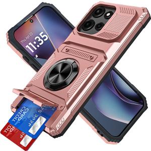 Case for Motorola Moto G 2025 Wallet Case with Credit Card Holder, Rotated Ring Kickstand Heavy Duty Rugged Military Grade Shockproof Protective Cover for Motorola Moto G 2025 Rose Gold