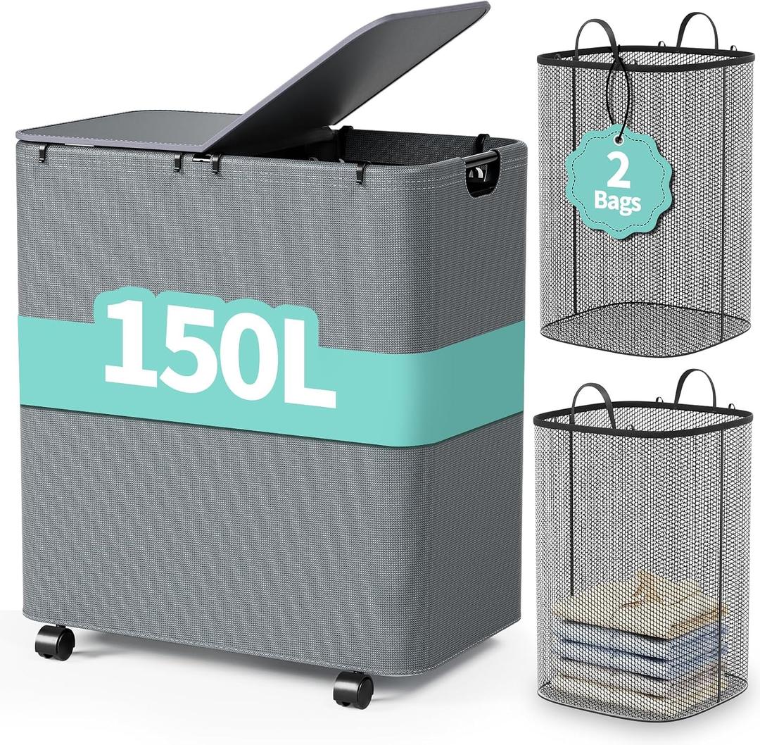 Yecaye 150L Laundry Hamper with Wheels, Rolling Laundry Basket with Lid and 2 Removable Laundry Bag, Large Capacity 2 Section Clothes Hampers for Laundry Room, Bedroom, Bathroom, Dorm, Grey 