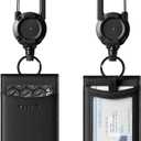 VULKIT Badge Holder Retractable Clip, Leather Bifold Double ID Card Holder, Retractable Keychain Carabiner, Holds 5 Cards, Keys Black