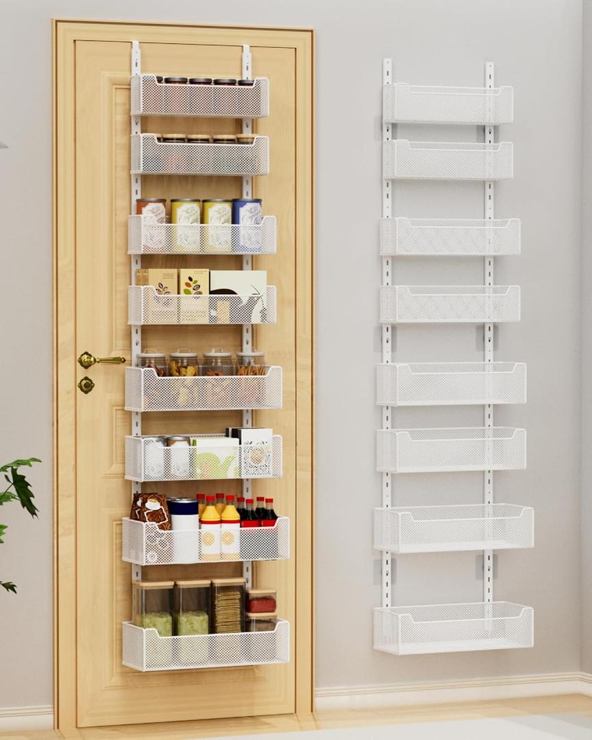 VyGrow Over the Door Organizer, 8-Tier Pantry Organizer with Fully Enclosed Mesh Baskets, Heavy-Duty Metal Hanging Spice Rack for Kitchen Bathroom Laundry Room, 2-in-1 Wall Mount or Door Mount, White