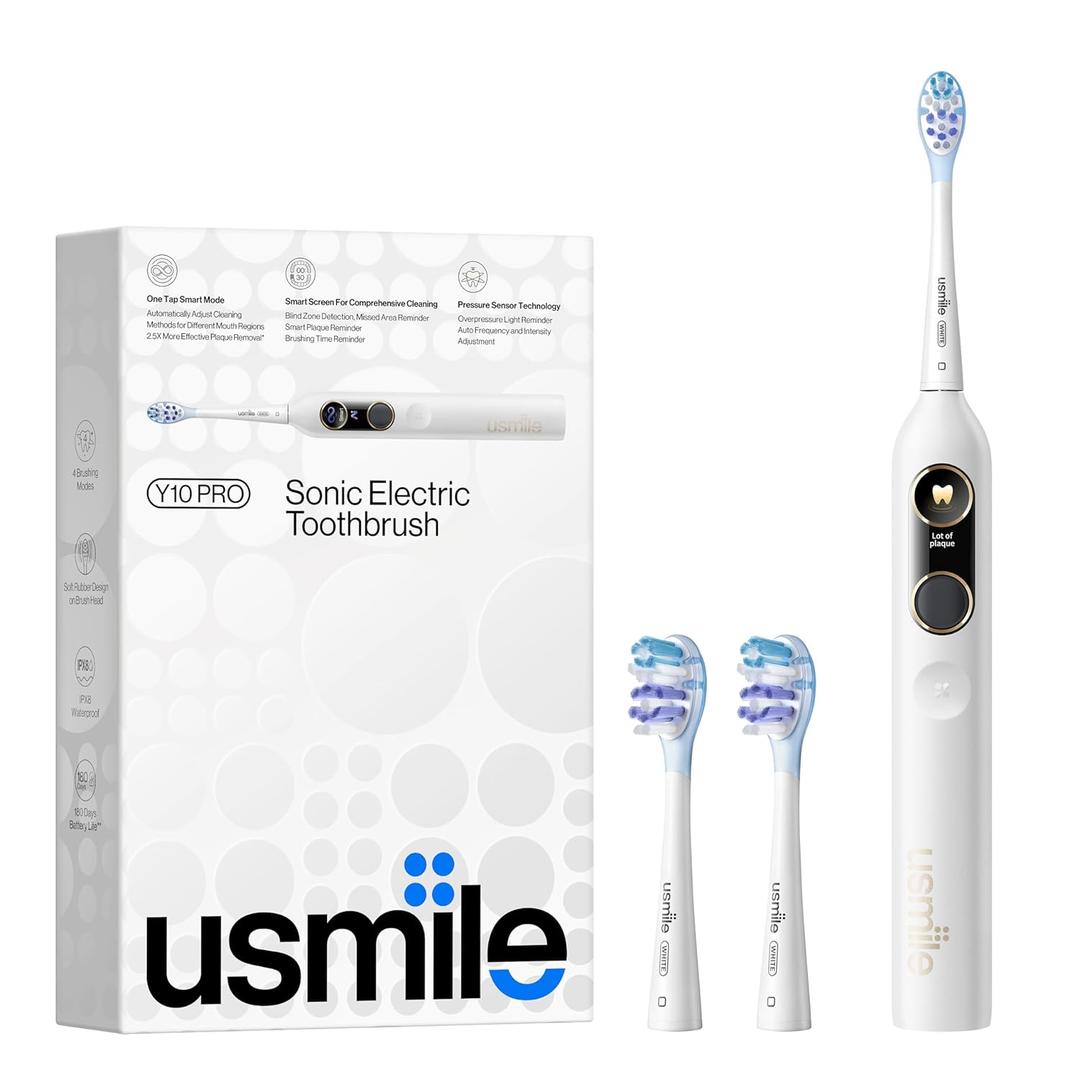 Usmile Y10 PRO Rechargeable Electric Toothbrush with Smart Display, Missed Spot Detection, Pressure Sensor, 180-Day Battery Life, IPX8 Waterproof, Travel-Friendly with 2 Brush Heads
