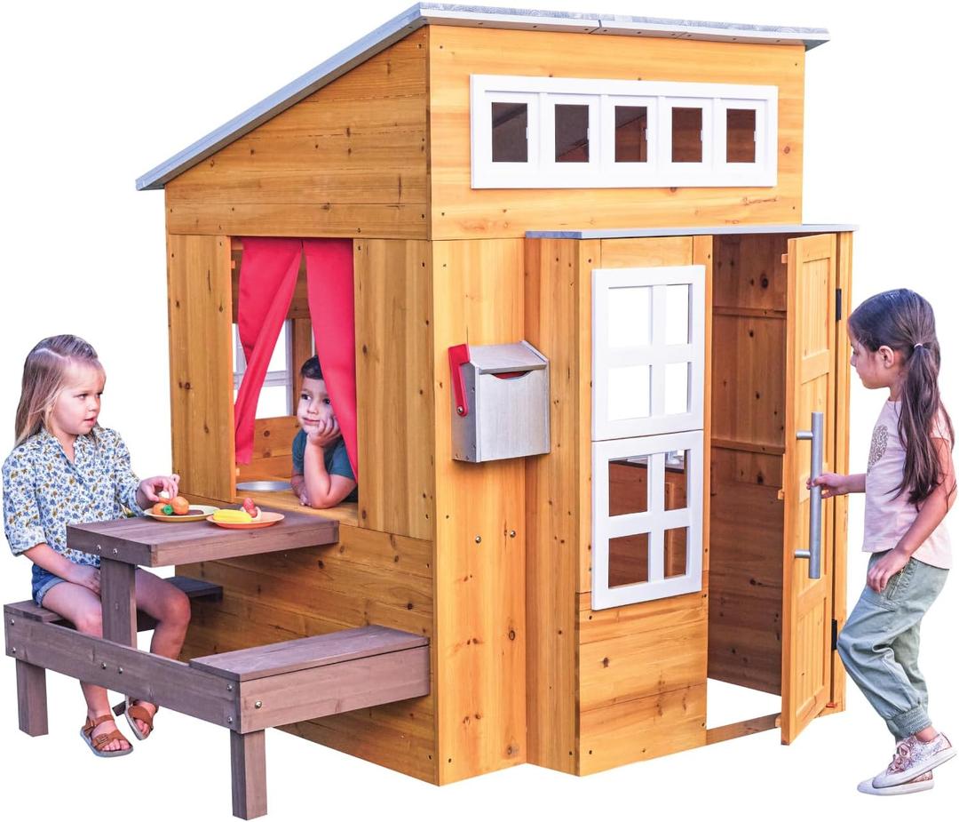 KidKraft Modern Outdoor Wooden Playhouse with Picnic Table, Mailbox and Outdoor Grill ,Gift for Ages 3+