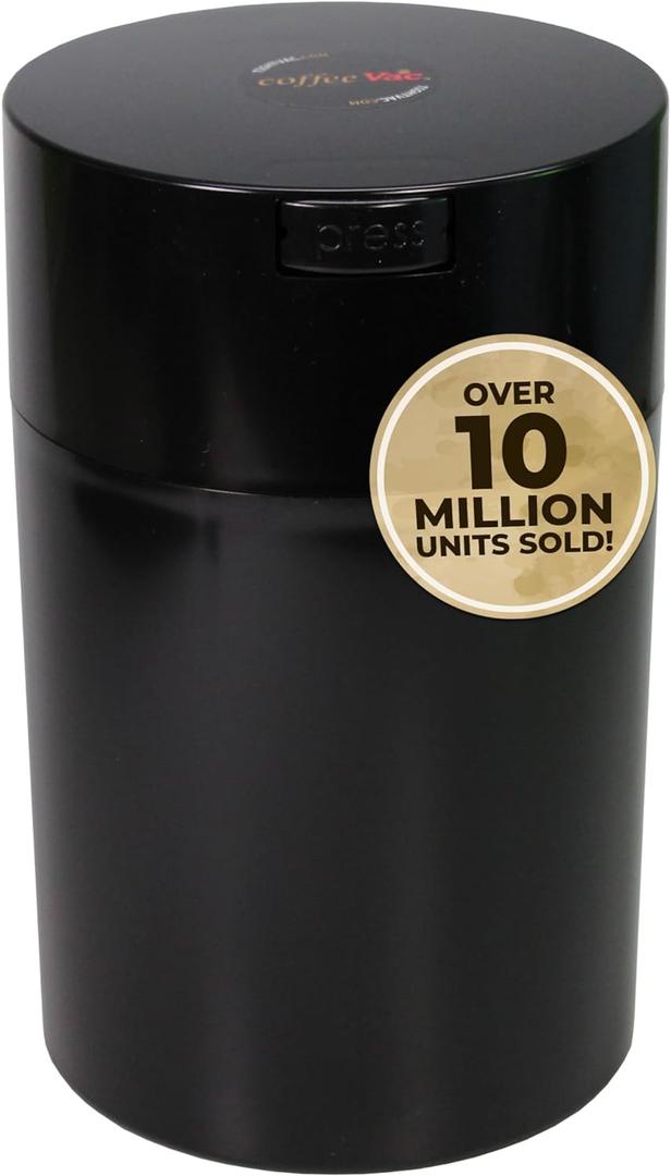 COFFEEVAC 1LB Patented Airtight Multi-use Vacuum Works as Smell Proof Ground Coffee Bean Containers. Black Cap and Body, 1.85-Liter/1.6-Quart