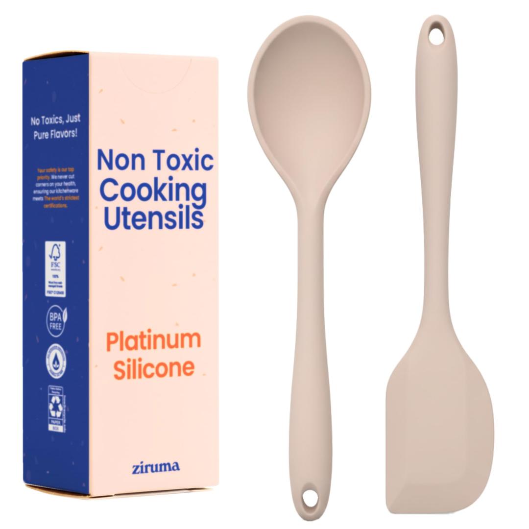 Non-Toxic Platinum Silicone Kitchen Utensil Set of 4 – Non-Scratch Cooking Spoon & Spatula, 100% Plastic Free, Stainless Steel Core, Heat Resistant 500°F, Beige