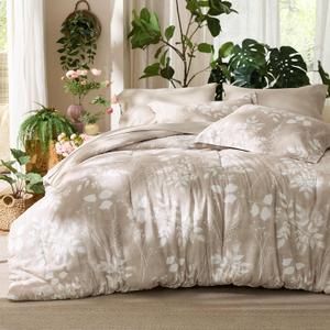 Bedsure King Size Comforter Set - 7 Pieces Floral Beige Soft Bedding Sets, King Bed in a Bag with Botanical Flowers Comforter, Sheets, Pillowcases & Shams