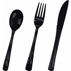 HEIPINIUYE 75 Pack Black Plastic Cutlery Heavy Duty Black Plastic Knives Forks and Spoons Disposable Silverware Set for 25 Guest Birthday Halloween Baby Shower Party Cutlery Set