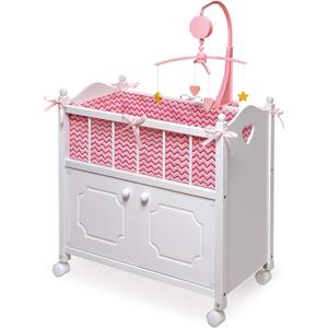 Badger Basket Wooden Toy Doll Bed with Storage, Mobile, and Bedding - Includes Wheels and Free Personalization Kit to Pretend and Play - White with Pink Chevron Fabric