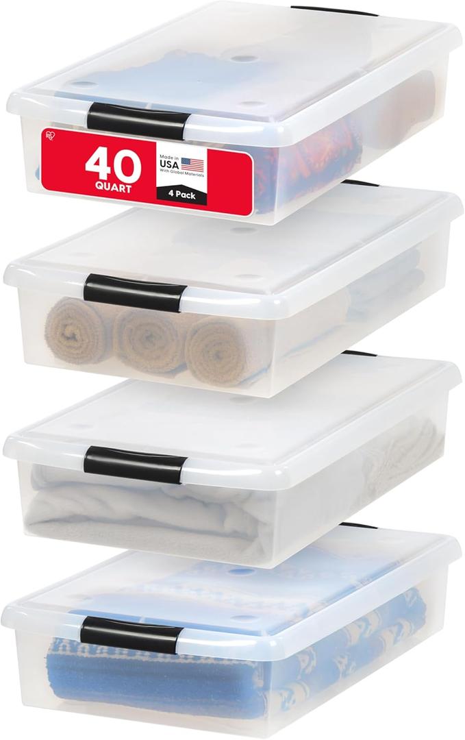 IRIS USA 40 Qt Plastic Under Bed Storage Nestable Organizer Bin Container with Secure Lids and Durable Buckles, 4-Pack, Under Bed Storage Containers for Clothes Shoes Bedding, Black/Clear