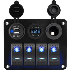 4 Gang Waterproof Marine Boat Rocker Switch Aluminum Panel with 12V LED Digital Display Voltmeter and 3.1A Dual USB Slot Socket and Cigarette Lighter Power Socket for Boat Car Rv Vehicles Truck