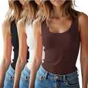 3 Pieces Womens Sleeveless Ribbed Tank Tops Summer Casual Basic Slim Fit Racerback Top Shirts (Large, Black, White, Brown)