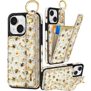 Petitian for iPhone 14/13 Case with Wallet - Women Girls Cute Girly Aesthetic Unique Design Leather Credit Card Holder Cardholder Stand Wristband for iPhone 14/13, Flower