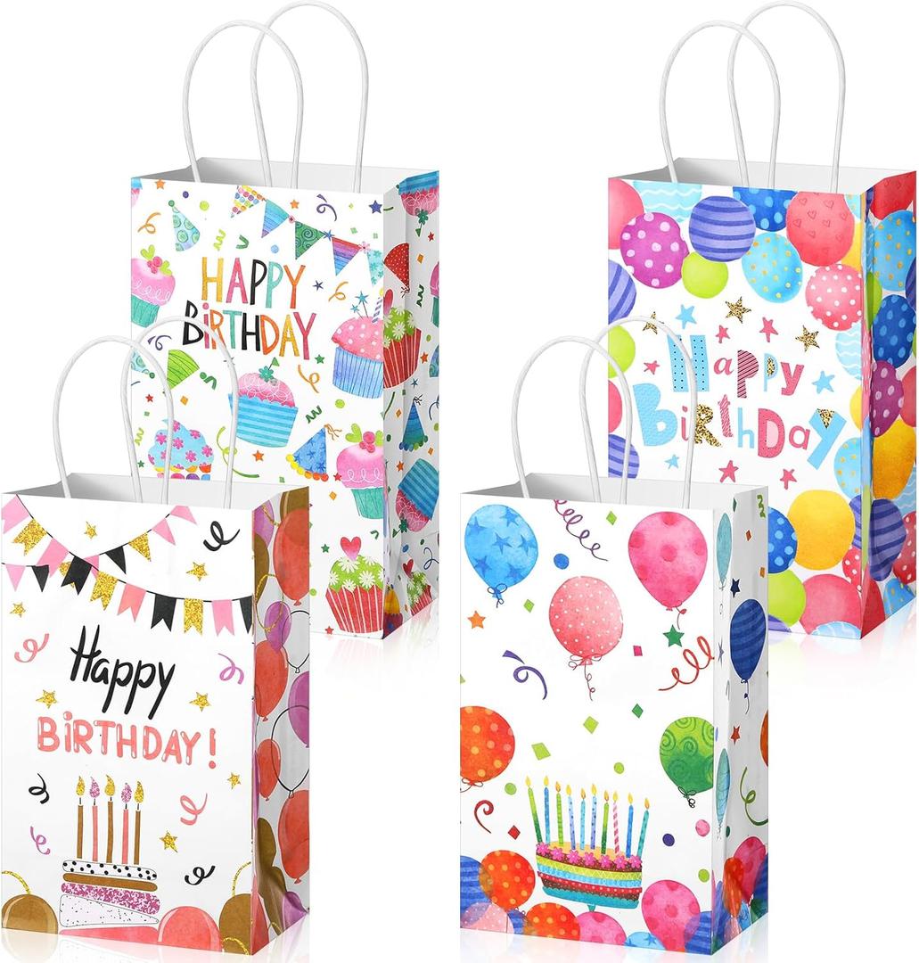 Fulmoon 36 Pcs Happy Birthday Gift Bag Bulk Happy Birthday Goodie Bags with Handle Colorful Paper Party Favor Supplies for Guests Small Return Gifts Treat Candy Wrapping Hold