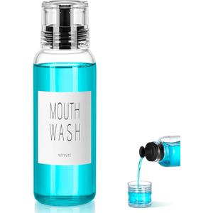 VITVITI Glass Mouthwash Dispenser for Bathroom, 10 OZ Mouth Wash Container Bottle with Lid Cup, Countertop Small Clear Refillable Mouthwash Dispensers Decanter (Black)
