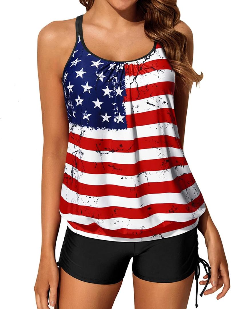 Yonique Womens Blouson Tankini Swimsuits Two Piece Strappy Bathing Suit Tops with Shorts Criss Cross Swimwear (X-Large, American Flag)