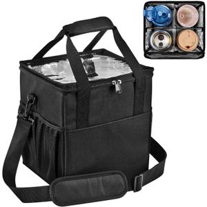 Reusable Drink Carrier with Handle,4 Cup Insulated Portable Coffee Cup Holder Bag with Shoulder Strap Adjustable Dividers Foldable Tray,Water Bottle Caddy,Beverage Drinks,for Porta Vasos Para Delivery