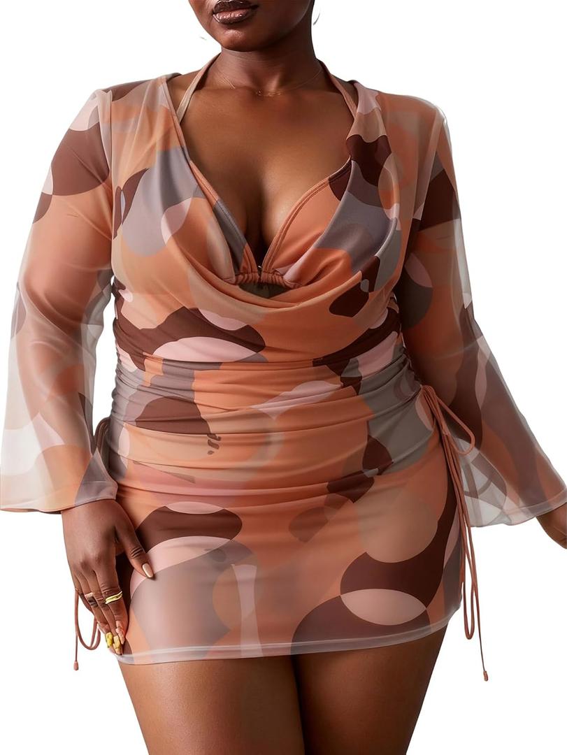 WODECASA Women's Plus Size 3 Piece Swimsuits Halter Triangle Bikini Set with Drawstring Semi Sheer Cover Up Bathing Suit, Orange Flower XL