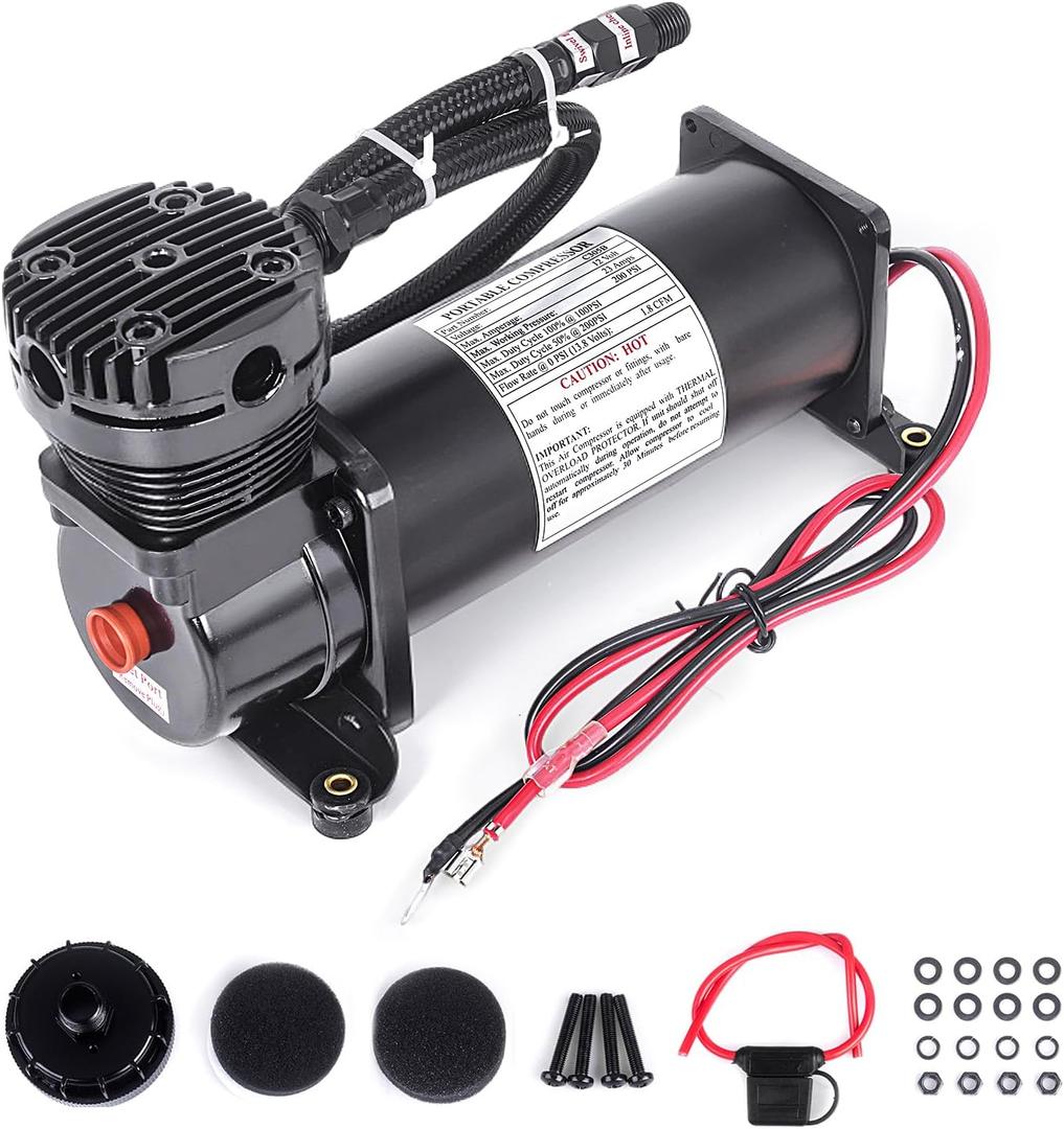 200PSI 1/4 NPT Heavy Duty Air Train Horn/Air Ride Suspension Compressor for Train/Truck/Car 12V Black (Single)