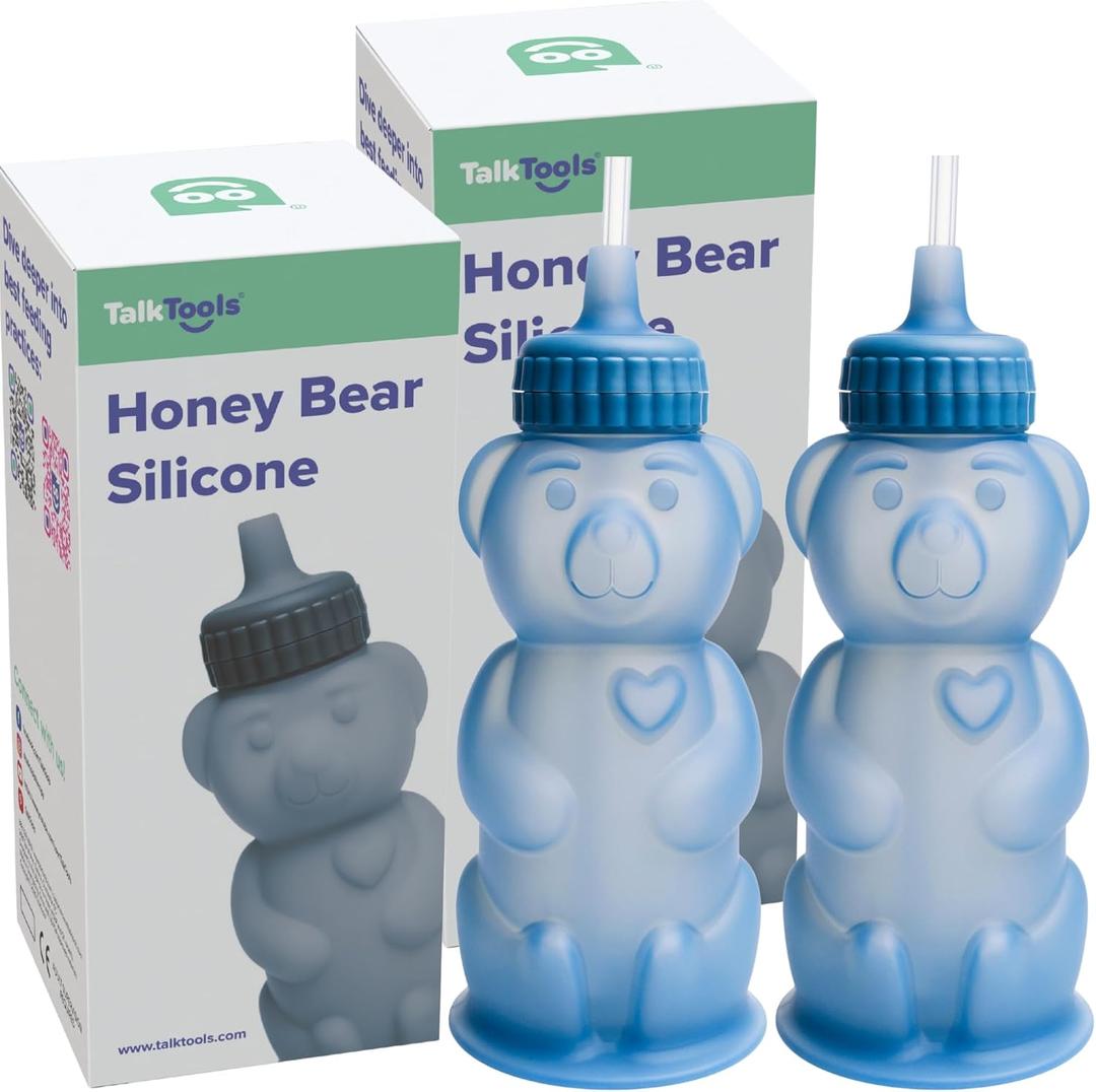 TalkTools Honey Bear Silicone Straw Cup, Dishwasher Safe Baby Drinking Bottle, Premium Food-Grade Material, Honeybear Sippy Cup for Ages 4+ Months, Kids and Toddlers (Single 8oz) (Blue)