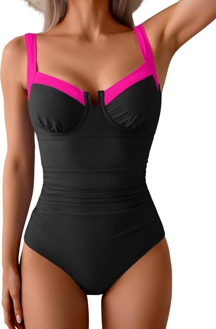 B2prity Women's Underwire One Piece Swimsuits Tummy Control Bathing Suits Push Up Swim Suit Color Block Swimwear (X-Large, Black, Hot Pink)