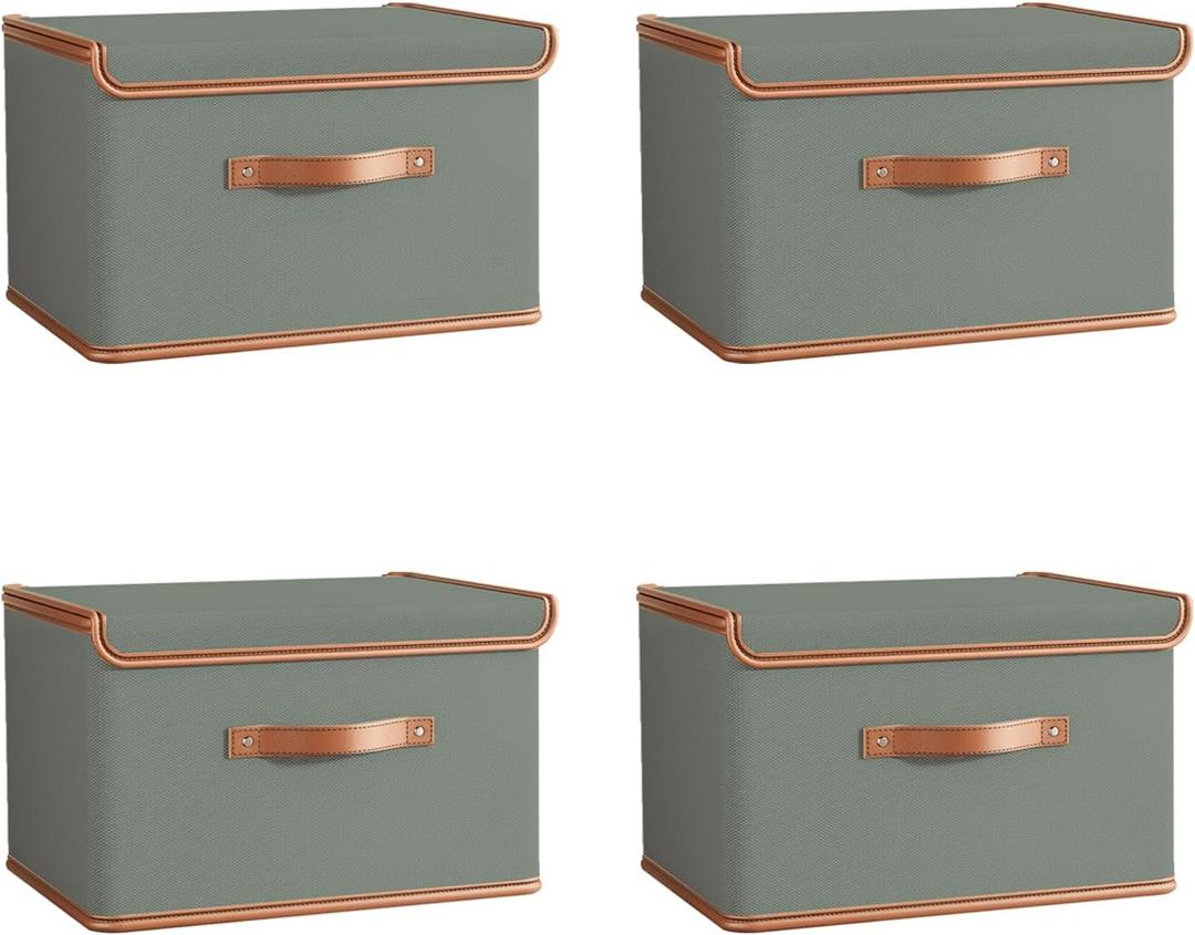 Tuza 4 Pack Storage Bins with Lids, Collapsible Closet Organizer Container, Fabric Organizer Box with Handles, Decorative Storage Boxes with Lids for Organizing Clothes, Blanket, Grey, Large