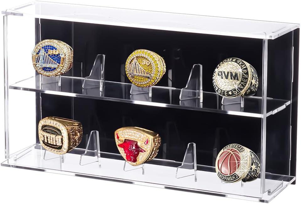 FINGERINSPIRE Sports Ring Display Box 2 Tier Ring Trophy Case 10.2x2.4x5.5 Inch Acrylic Championship Ring Display Case with 10PCS Ring Holders for Collectibles Memorabilia