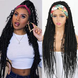 Black Braided Wigs Butterfly Locs Headband Wig for Black Women Long Crochet Braids Wigs With Headband Attached Synthetic Knotless Butterfly Braiding Hair Wig 30Inch Box Braid Headband Wig