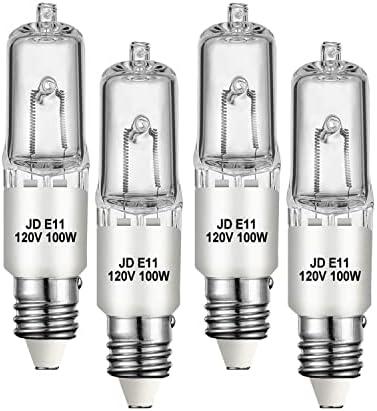Jaenmsa JDE11 120V 100W Halogen Mini Candelabra Bulbs,T4 100W JD E11 Bulb 4 Pack (Replacement E11 LED Bulb) 2700K Warm White Dimmable Halogen Bulb T4 for Ceiling Fan Light,Chandeliers,Table Lamps