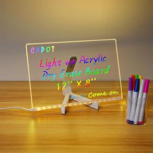 CAPOT Acrylic Dry Erase Board with Light 11.8 X 7.9” Light up Dry Erase Board with Stand as a Glow Memo LED Letter Message Board Note Glass Led Board White Board with 7 Pen for Office School Home